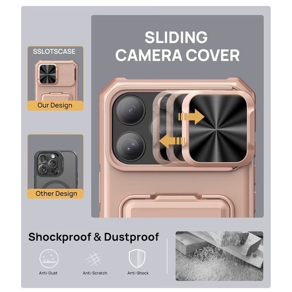 IPHONE 16 PRO CASE in Rose Gold with Kickstand, card holder, and camera cover - Picture 4 of 12